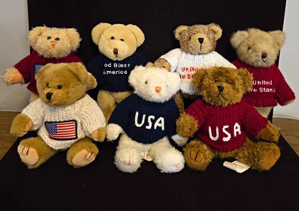 Lot of 7 Vintage Chrisha Playful Plush Patriotic Teddy Bears USA Flag Sweaters